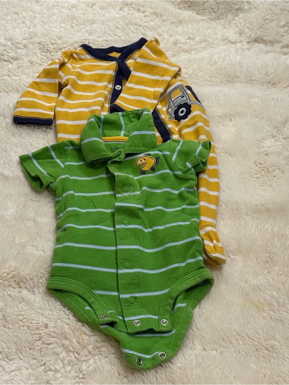 Carter's Green and Yellow Striped Polo One-Piece Bodysuits